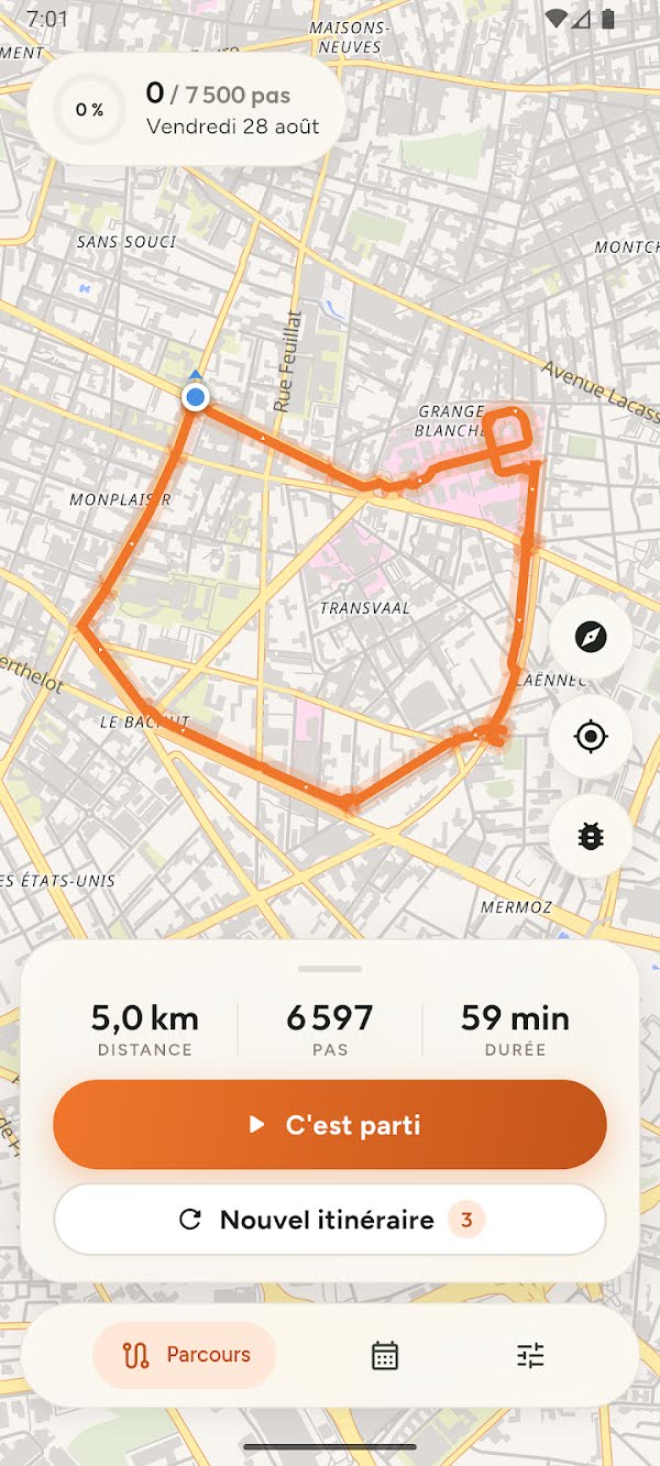 La boucle du jour tracée sur la carte : 5,0 km, 6 597 pas, 59 minutes.